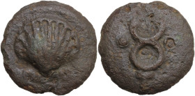 Mercury/Dioscuri series. AE Cast Sextans, c. 280-276 BC. Obv. Scallop shell; two pellets below. Rev. Caduceus; two pellets across field. Cr. 14/5; Vec...