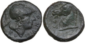 Anonymous. AE Half Unit, after 276 BC, Neapolis mint. Obv. Helmeted head of Minerva right; below, RO; before, MANO. Rev. Bridled horse's head left; be...