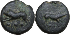 Apollo/Apollo series. AE Cast Quadrans, c. 275-270 BC. Obv. Boar leaping right; below, three pellets. Rev. Boar leaping left; below, three pellets. Cr...