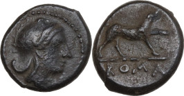 AE Half-bronze, c. 234-231 BC. Obv. Head of Roma right, wearing Phrygian helmet. Rev. Dog right; in exergue, ROMA. Cr. 26/4; HN Italy 309. AE. 1.14 g....