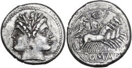 Anonymous. AR Quadrigatus (Didrachm), uncertain Campanian mints, 216 BC. Obv. Laureate Janiform head of Dioscuri. Rev. Jupiter in quadriga right, driv...