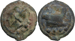 Janus/Prow to right libral series. AE Cast Triens, c. 225-217 BC. Obv. Helmeted head of Minerva left; below, four pellets. Rev. Prow right; below, fou...