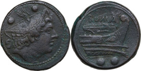 Semilibral series. AE Sextans, 217-215 BC. Obv. Head of Mercury right; above, two pellets. Rev. ROMA. Prow right; below, two pellets. Cr. 38/5. AE. 21...