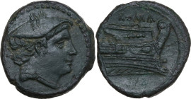 Anonymous semilibral series. AE Semuncia, c. 217-215 BC. Obv. Head of Mercury right, wearing winged petasus. Rev. ROMA. Prow right. Cr. 38/7. AE. 6.52...