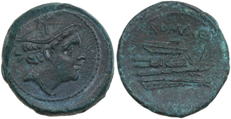 Anonymous semilibral series. AE Semuncia, c. 217-215 BC. Obv. Head of Mercury ri...