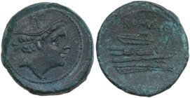 Anonymous semilibral series. AE Semuncia, c. 217-215 BC. Obv. Head of Mercury right, wearing winged petasus. Rev. ROMA. Prow right. Cr. 38/7. AE. 6.26...