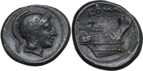 Semilibral series. AE Quartuncia, 217-215 BC. Obv. Helmeted head of Roma right. Rev. ROMA. Prow right. Cr. 38/8. AE. 3.09 g. 18.50 mm. Superb style, b...