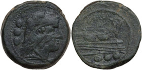 Post semilibral series. AE Quadrans, Luceria mint (?) 215-212 BC. Obv. Head of Hercules right, wearing lion skin; behind, three pellets. Rev. Prow rig...