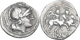 Anonymous. AR Quinarius, from 211 BC. Obv. Helmeted head of Roma right; behind, V. Rev. The Dioscuri galloping right; below, ROMA in linear frame. Cr....