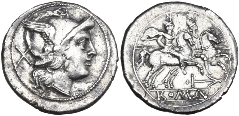 Anchor series. AR Denarius, uncertain Campanian mint (Capua?), 210 BC. Obv. Helm...