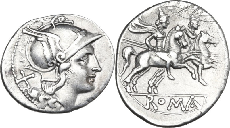 Anonymous. AR Denarius, from 211 BC. Obv. Helmeted head of Roma right; behind, X...