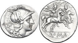 Anonymous. AR Denarius, from 211 BC. Obv. Helmeted head of Roma right; behind, X. Rev. The Dioscuri galloping right; in linear frame, ROMA. Cr. 53/2. ...