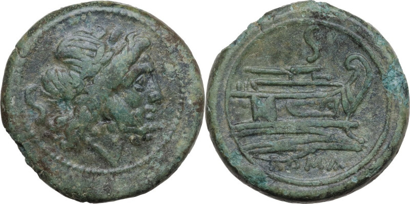 Sextantal series. AE Semis, after 211 BC. Obv. Laureate head of Saturn right; be...