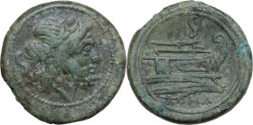 Sextantal series. AE Semis, after 211 BC. Obv. Laureate head of Saturn right; behind, S. Rev. Prow right; above, S; below, ROMA. Cr. 56/3. AE. 19.43 g...