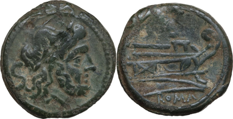 Sextantal series. AE Semis, after 211 BC. Obv. Laureate head of Saturn right; be...