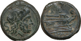 Sextantal series. AE Semis, after 211 BC. Obv. Laureate head of Saturn right; behind, S. Rev. Prow right; above, S; below, ROMA. Cr. 56/3. AE. 14.61 g...