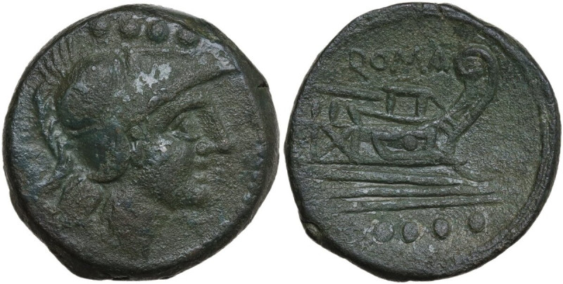 Anonymous. AE Triens, c. 211 BC. Obv. Helmeted head of Minerva right; above, fou...