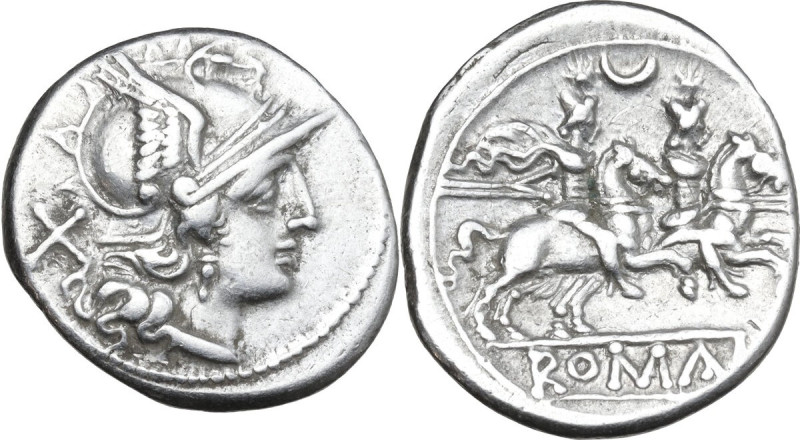 Crescent series. AR Denarius, uncertain Campanian mint (Capua?), 207 BC. Obv. He...