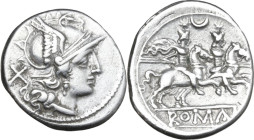 Crescent series. AR Denarius, uncertain Campanian mint (Capua?), 207 BC. Obv. Helmeted head of Roma right; behind, X. Rev. The Dioscuri galloping righ...