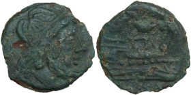 Victory series. AE Semis, Central Italian mint, 211-208 BC. Obv. Laureate head of Saturn right; S behind. Rev. Prow right; Victory with wreath and S a...
