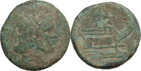 P. Manlius Vulso. AE As, uncertain mint in Sardinia, 210 BC. Obv. Laureate head of Janus. Rev. Prow right. Cr. 64/2. AE. 32.80 g. 33.50 mm. RR. Green ...