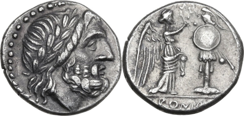 Anonymous. AR Victoriatus, 211-208 BC, Sicily. Obv. Laureate head of Jupiter rig...
