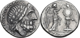 Anonymous. AR Victoriatus, 211-208 BC, Sicily. Obv. Laureate head of Jupiter right. Rev. Victory standing right, crowning trophy; ROMA in exergue. Cr....