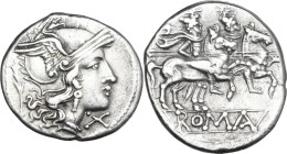 Branch series. AR Denarius, uncertain Sicilian mint (Syracuse?), 210 BC. Obv. Helmeted head of Roma right (loop beneath visor); on the left, branch; b...