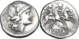 Dolphin series. AR Denarius, uncertain Campanian mint (Castra Claudiana?), 210 BC. Obv. Helmeted head of Roma right; behind, X. Rev. The Dioscuri gall...
