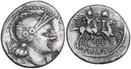 H series. AR Quinarius, uncertain Picenian mint (Hatria?), 214 BC. Obv. Helmeted head of Roma right; behind V. Rev. The Dioscuri galloping right; belo...