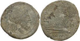 H series. AE Semis, 211-210 BC. South East Italy. Obv. Laureate head of Saturn right; behind, S. Rev. Prow right; above, S and before, H. Below, ROMA....