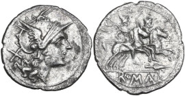 Spearhead, fourth series. Fourrèe Denarius, uncertain Lucanian mint (Venusia?), 208 BC. Obv. Helmeted head of Roma right; behind, X. Rev. The Dioscuri...