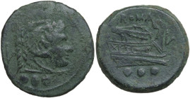 L series. AE Quadrans, Luceria mint, c. 214-212 BC:. Obv. Head of Hercules right, wearing lion's skin; behind, L and below, three pellets. Rev. ROMA. ...