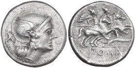 Falcata, first series. AR Denarius, uncertain Spanish mint (Cartagena?), 210 BC. Obv. Helmeted head of Roma right; behind, X. Rev. The Dioscuri gallop...