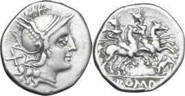 Bull butting left series. AR Denarius, uncertain Spanish mint (Tarraco?), 202 BC. Obv. Helmeted head of Roma right; behind, X. Rev. The Dioscuri gallo...