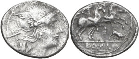Butting bull series. AR Denarius, c. 206-195 BC. Obv. Helmeted head of Roma right; behind, X. Rev. The Dioscuri galloping right; below horses, bull bu...