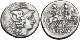 Rudder series. AR Denarius, uncertain Campanian mint (Capua?), 205 BC. Obv. Helmeted head of Roma right; behind, X. Rev. The Dioscuri galloping right;...