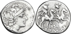 Pentagram (second) series. AR Denarius, uncertain Spanish mint (Cartagena?), 203 BC. Obv. Helmeted head of Roma right; behind, X. Rev. The Dioscuri ga...