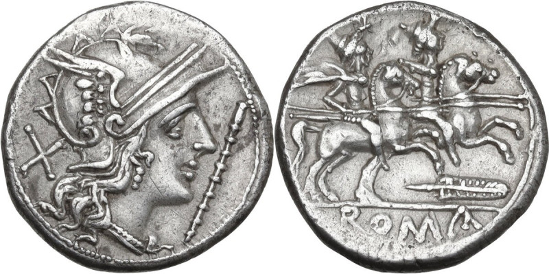 Staff and feather series. AR Denarius, uncertain Spanish mint (Tarraco?), 201 BC...