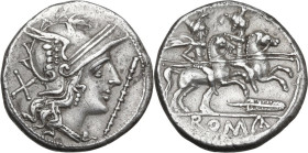 Staff and feather series. AR Denarius, uncertain Spanish mint (Tarraco?), 201 BC. Obv. Helmeted head of Roma right, curl on left shoulder; behind, X; ...