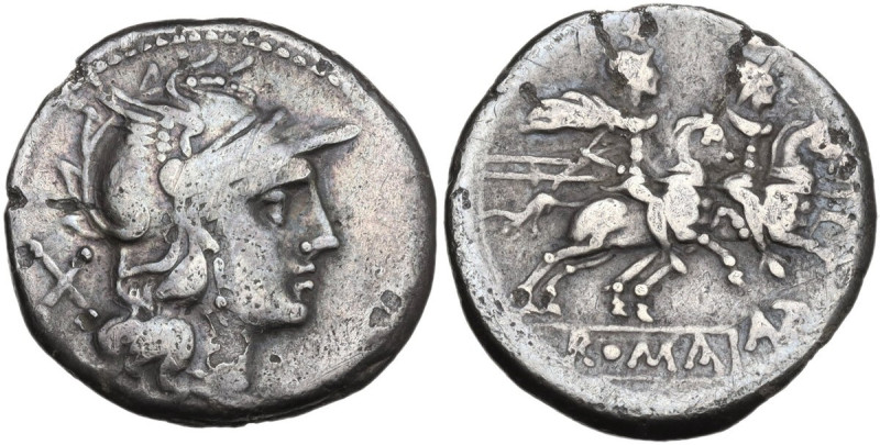 AVTR series. AR Denarius, uncertain Spanish mint, 203 BC. Obv. Helmeted head of ...