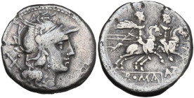 AVTR series. AR Denarius, uncertain Spanish mint, 203 BC. Obv. Helmeted head of Roma right; behind, X. Rev. The Dioscuri galloping right; below, AVTR ...