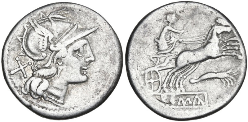 Prawn series. AR Denarius, uncertain mint, 205 BC. Obv. Helmeted head of Roma ri...