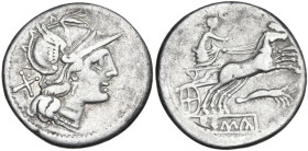 Prawn series. AR Denarius, uncertain mint, 205 BC. Obv. Helmeted head of Roma right; behind, X. Rev. Luna in biga right; below, prawn; in linear frame...