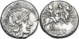 Anonymous. AR Denarius, uncertain Campanian mint (Capua?), 206-205 BC. Obv. Helmeted head of Roma right; behind, X. Rev. The Dioscuri galloping right ...