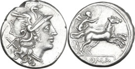 Anonymous. AR Denarius, 157-156 BC. Obv. Helmeted head of Roma right, X behind. Rev. Victory in biga right; in exergue, ROMA. Cr. 197/1. AR. 3.82 g. 1...