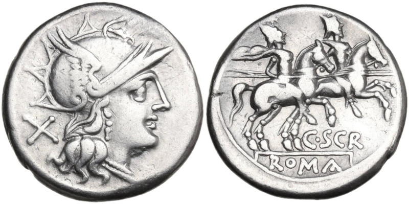 C. Scribonius. AR Denarius, 154 BC. Obv. Helmeted head of Roma right; behind, X....