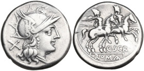 C. Scribonius. AR Denarius, 154 BC. Obv. Helmeted head of Roma right; behind, X. Rev. The Dioscuri galloping right; below, C·SCR; in exergue, ROMA. Cr...