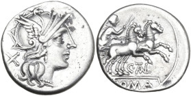 C. Thalna. Denarius, 154 BC. Obv. Helmeted head of Roma right; behind, X. Rev. Victory in biga right; below, C·TAL (TA ligate); in exergue, ROMA. Cr. ...