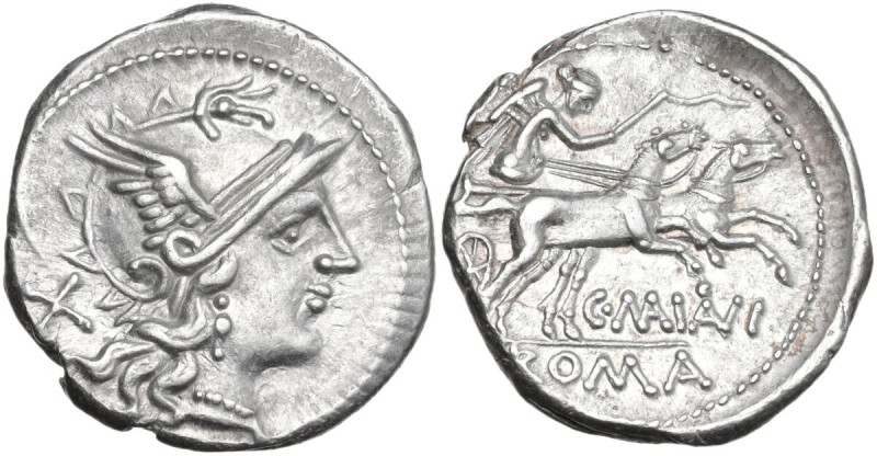 C. Maianius. Denarius, 153 BC. Obv. Helmeted head of Roma right; behind, X. Rev....